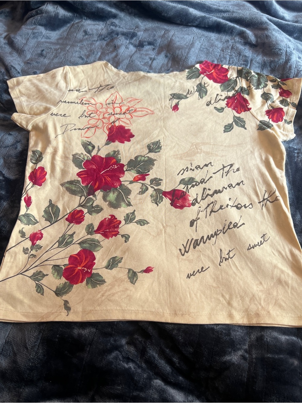 J.Jill XL Floral Script Short-Sleeve Tee in Butter Yellow with Red Blooms